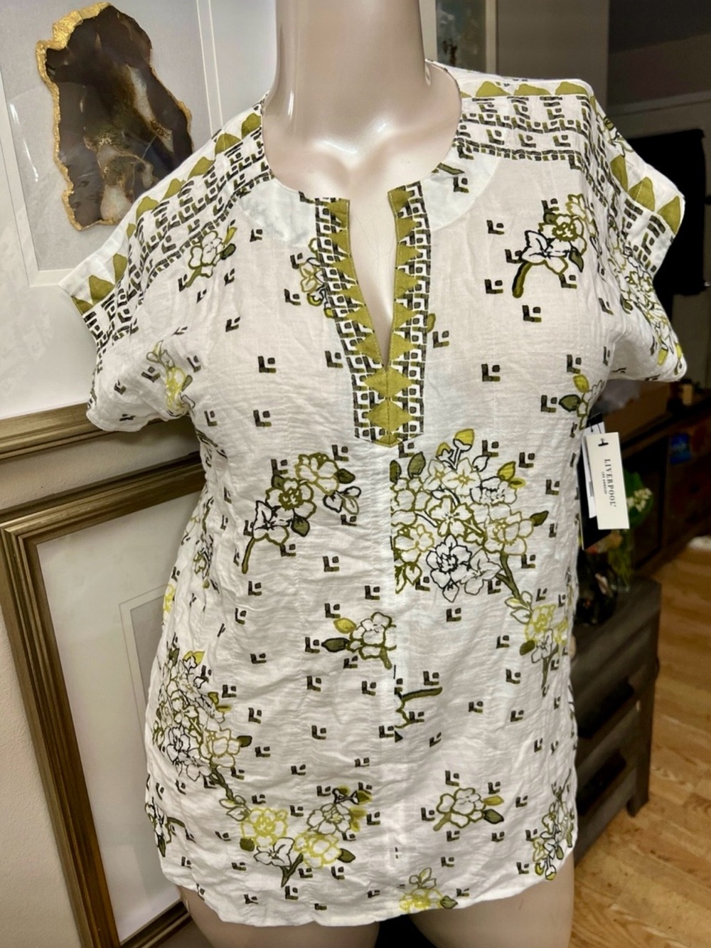 Liverpool Los Angeles Women's DOLMAN POPOVER WITH CURVED HEM  Ivory Green M/L